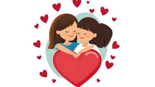 Cartoon Girls Hugging Heart