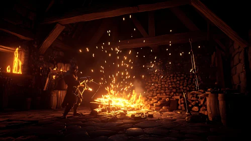 Medieval Blacksmith Working by Fire