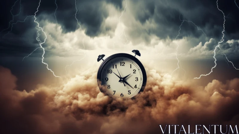 Clock in Stormy Sky with Lightning Strikes - Surrealistic Art AI Image