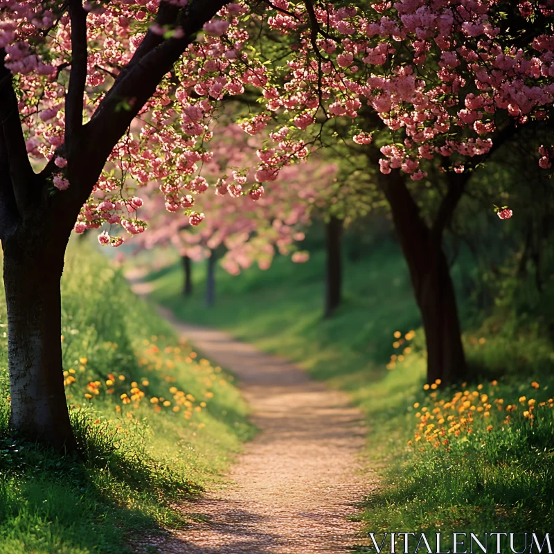 Tranquil Pathway Among Spring Blossoms AI Image