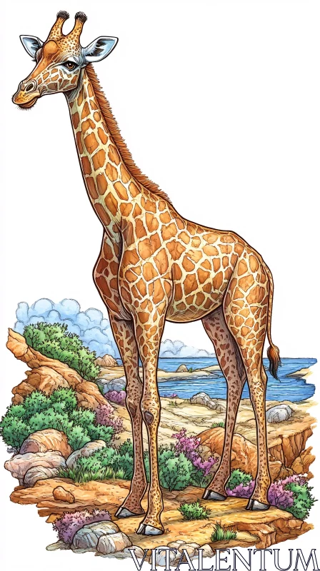 AI ART Giraffe Illustration by the Sea