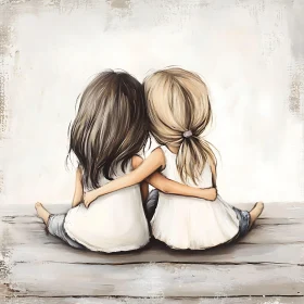 Two Girls Embracing on Wooden Surface