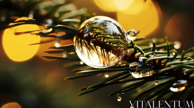 Luminous Dew Drops on Pine: An Art Deco Inspired Visual Feast AI Image