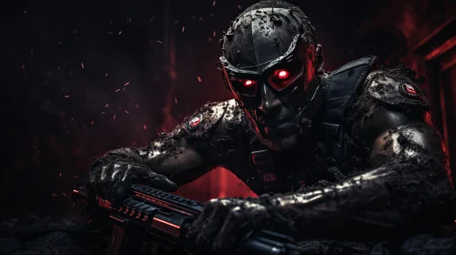 Red-eyed Metallic Soldier: A Study in Futurism and Darkness