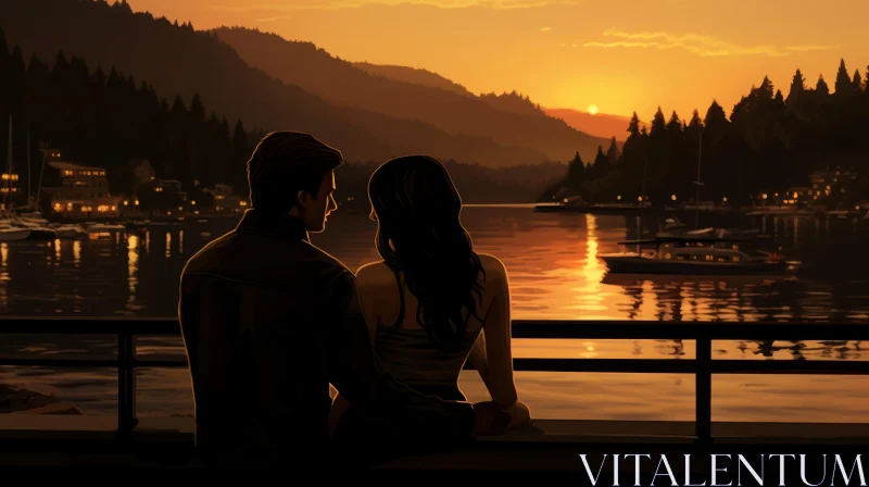 Romantic Lakeside View in Amber Tones AI Image
