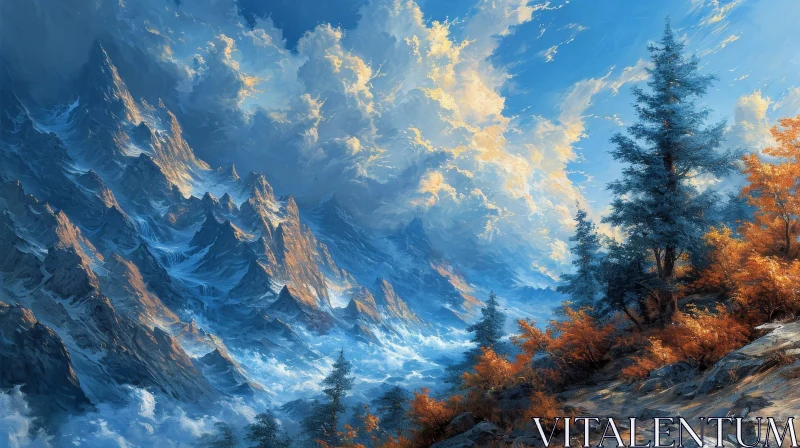 Serene Mountain Landscape Painting | Snowy Peaks and Blue Sky AI Image