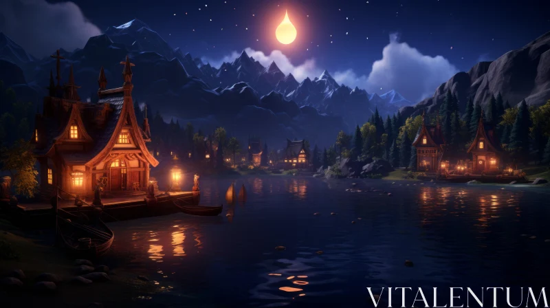 Serene Night Scene with Houses by the Lake | Unreal Engine Style AI Image