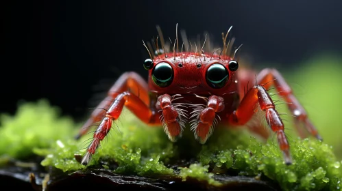 Tiny Red Spider on Moss - Intricate Indonesian Art