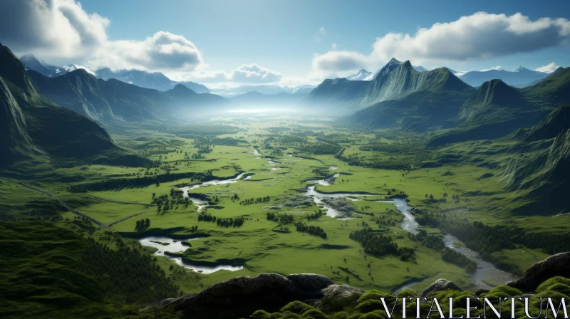 Tranquil Mountain Valley Panorama: A Serene Landscape AI Image
