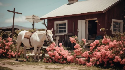 Vintage Vibe: Majestic Horse Standing Next to Building and Flowers