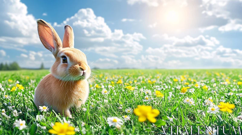 Rabbit in Flowering Field AI Image