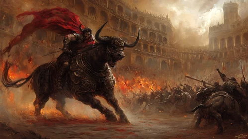 Warrior Riding a Bull in Arena