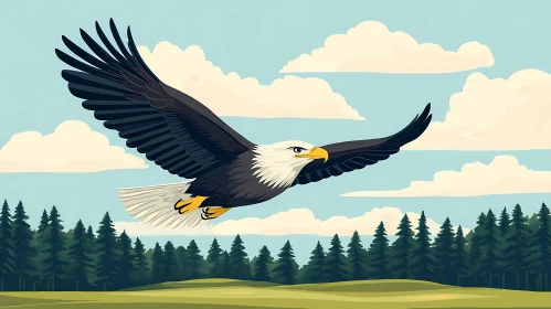 Eagle Flying Through Clear Sky Over Pines
