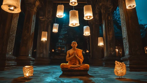 Monk in Meditation with Lanterns