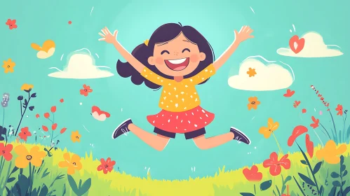 Girl Jumping in Flower Field Cartoon