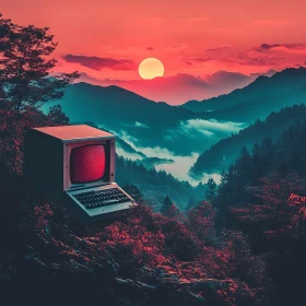 Sunset Over Mountains with Vintage Computer