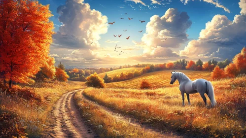 Serene Autumn Scenery with Horse