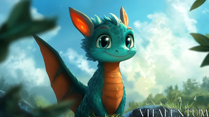 AI ART Enchanting Teal Dragon Cartoon Illustration