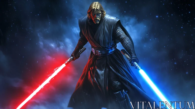 Warrior with Red and Blue Lightsabers AI Image