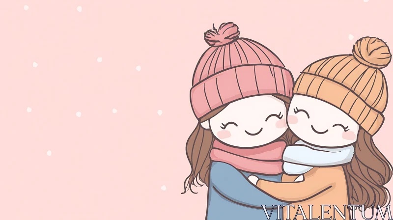 AI ART Cartoon Girls Winter Embrace