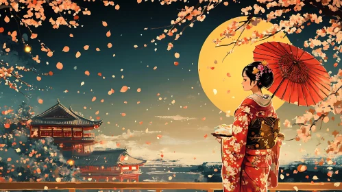 Japanese Woman with Red Umbrella Under Moon