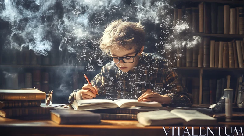 Child Immersed in Books and Equations AI Image