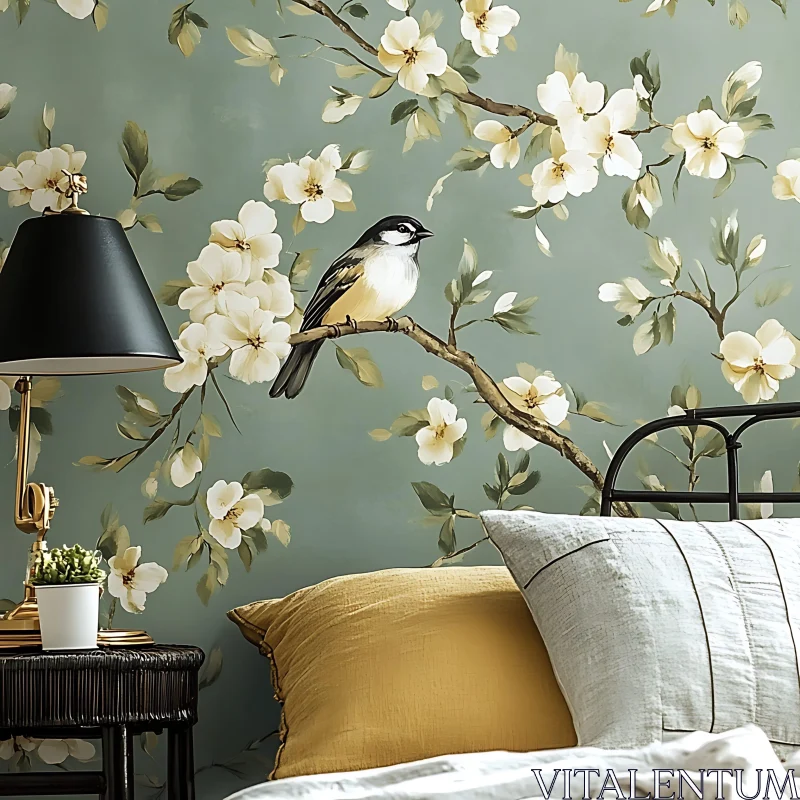 Bird Perched on Flowering Branch Bedroom Decor AI Image