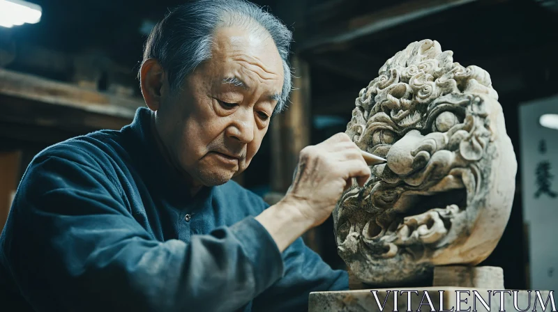 Sculptor at Work: Stone Art Creation AI Image