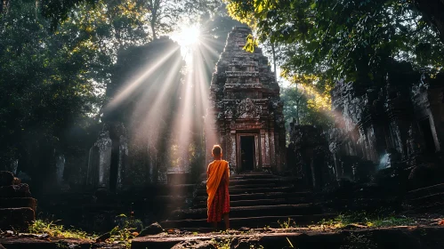 Monk at Temple with Sun Rays