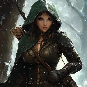 Hooded Archer Portrait in Snowy Woods