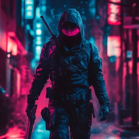 Hooded Ninja in Neon Cityscape