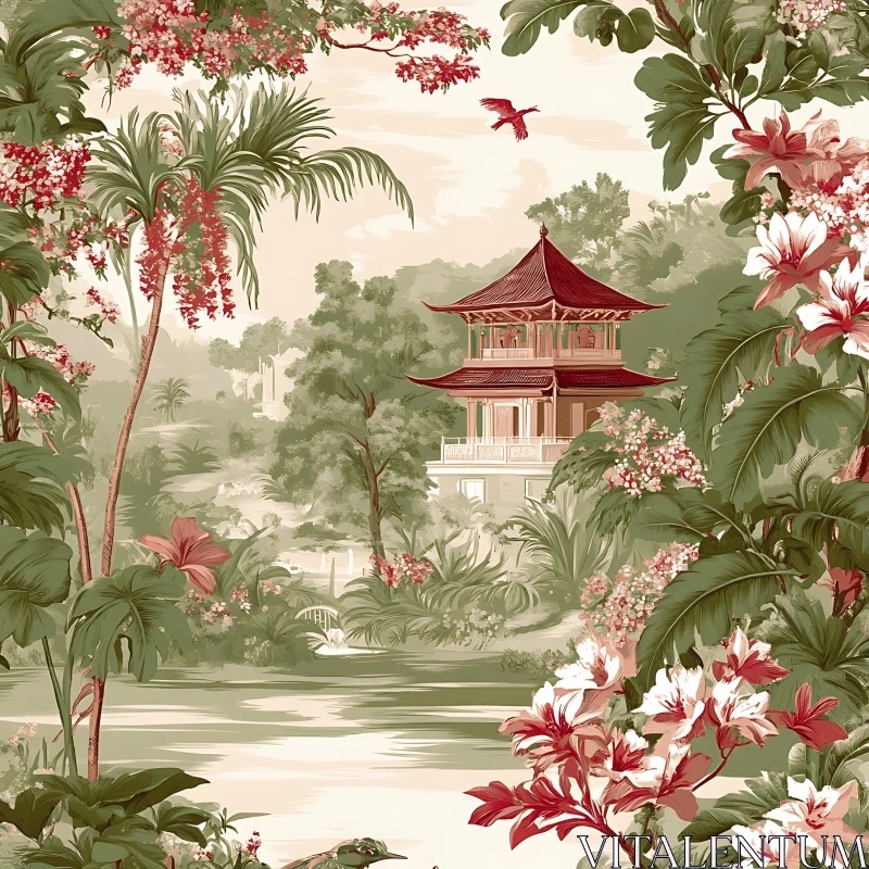 AI ART Tranquil Oriental Pagoda in Blooming Garden