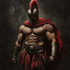 Ancient Warrior in Armor and Red Cape