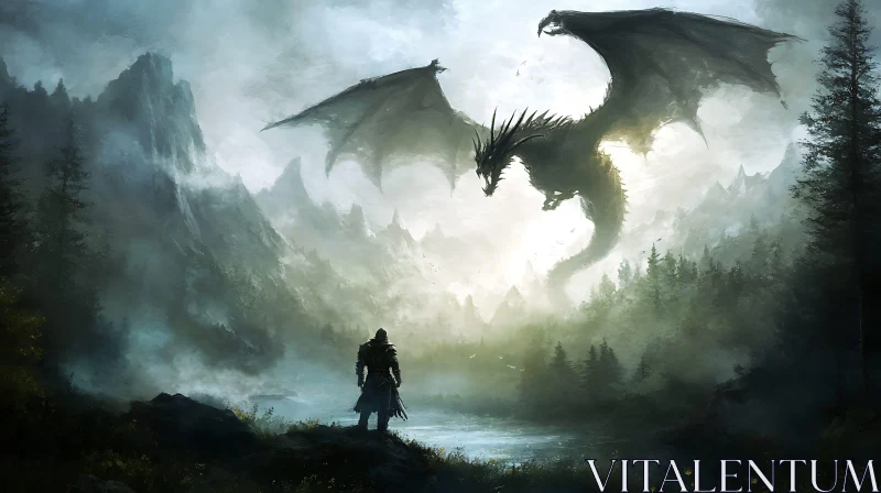 Warrior Facing Dragon in Ethereal Landscape AI Image