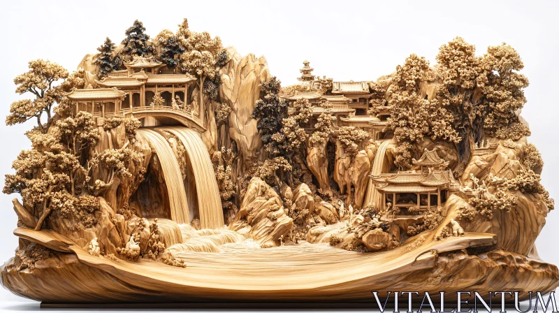 AI ART Detailed Wooden Sculpture of Asian Architecture