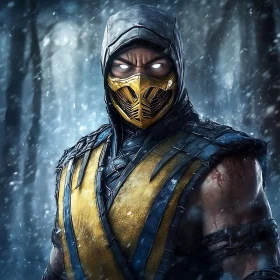 Golden Masked Fighter in Snowy Landscape