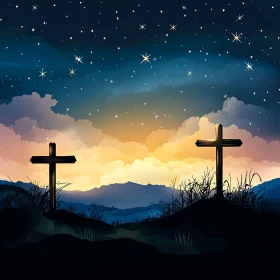 Silhouetted Crosses Under Starry Sky