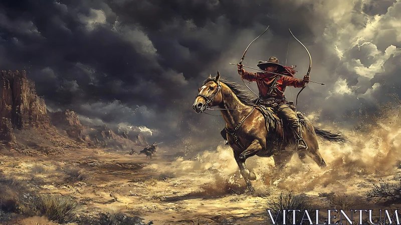 AI ART Western Archer Riding Through Storm