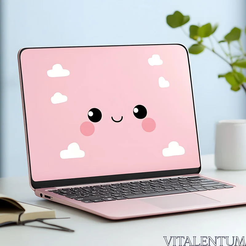 AI ART Kawaii Laptop with Smiling Face and Cloud Design