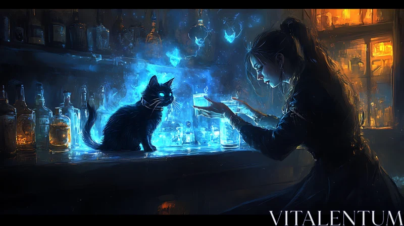 AI ART Mystical Potion Brewing with Black Cat