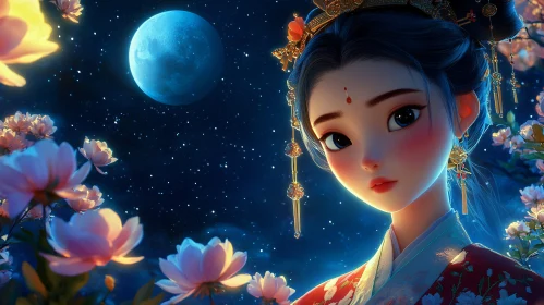 Lunar Anime Portrait with Floral Accents