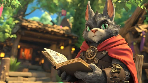 Fantasy Cat Character with Book