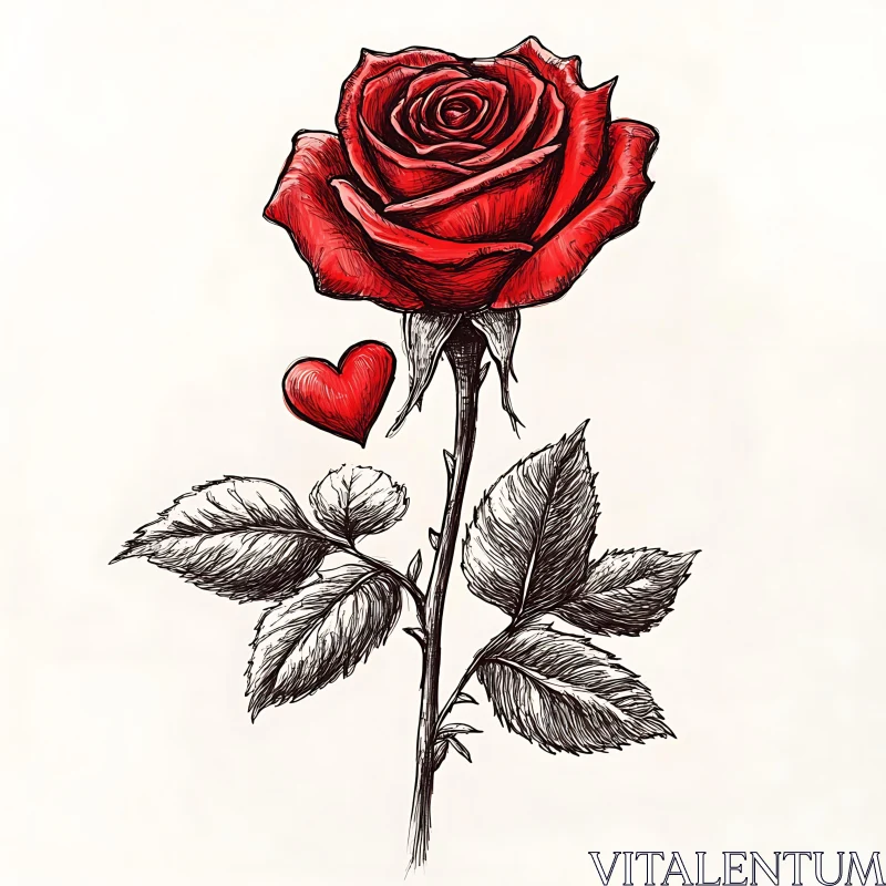 AI ART Red Rose with Heart Illustration