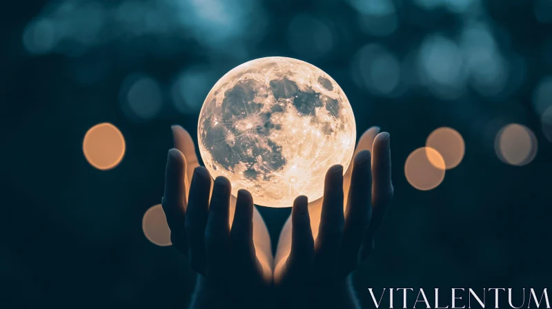 Glowing Moon Held in Human Hands AI Image