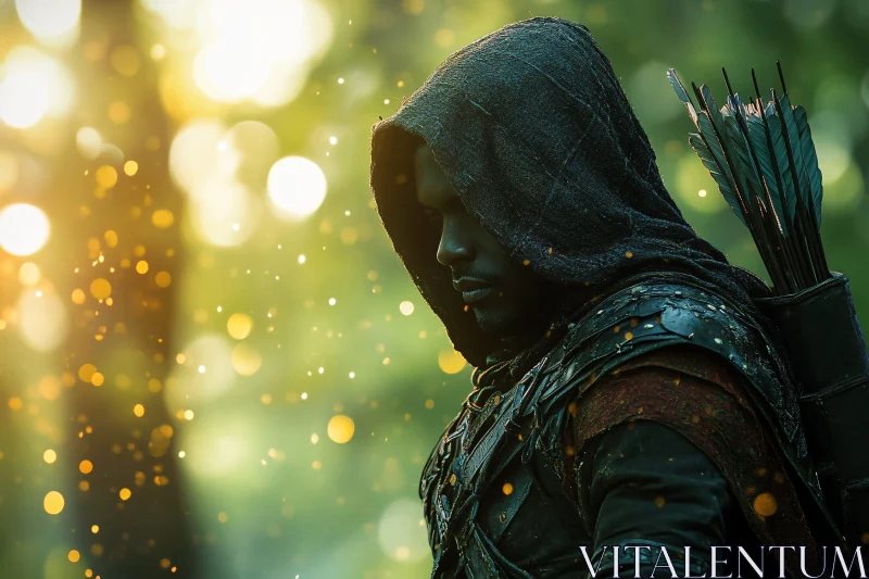 AI ART Hooded Warrior in Sunlit Woods