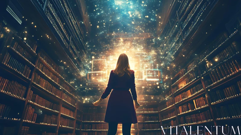 AI ART Woman in Library Facing Light