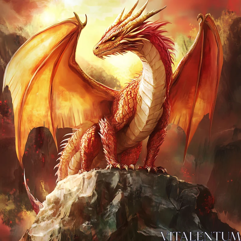 Crimson Dragon Perched on Stone Peak AI Image