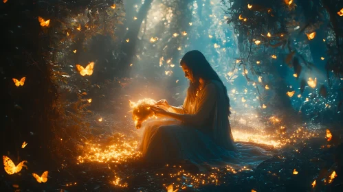 Mystical Woman with Fox in Magical Forest