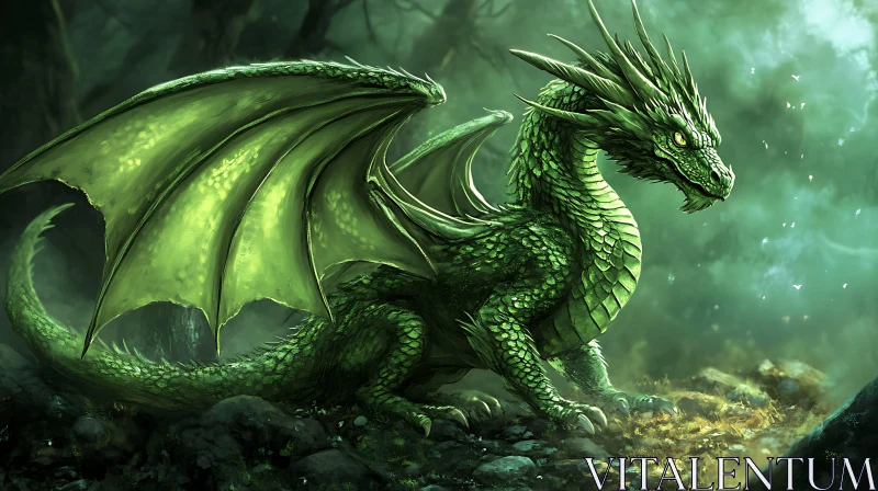 AI ART Green Dragon Perched on Rocks