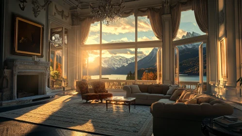 Elegant Living Room Overlooking Mountains and Lake